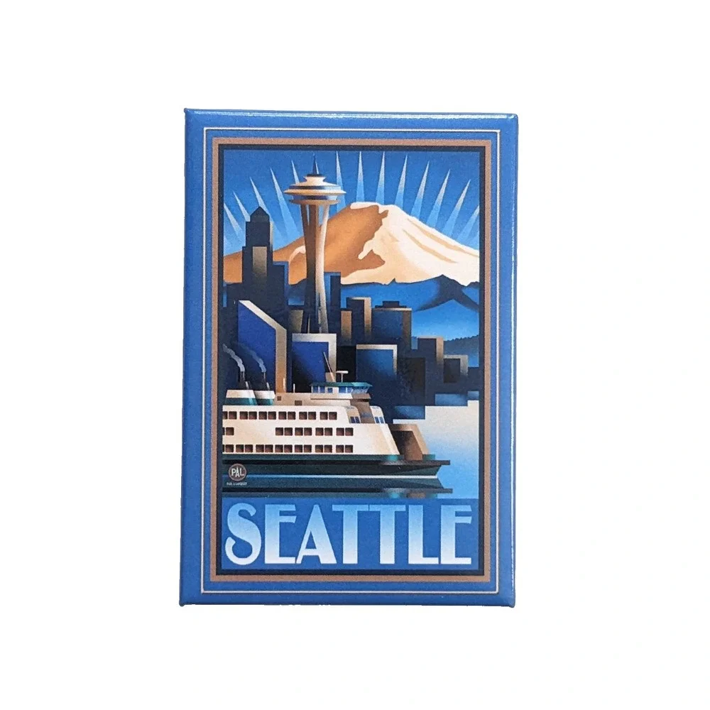 Seattle Washington Space Needle Mt Rainier Ferry Art Deco Style Souvenir Magnet
